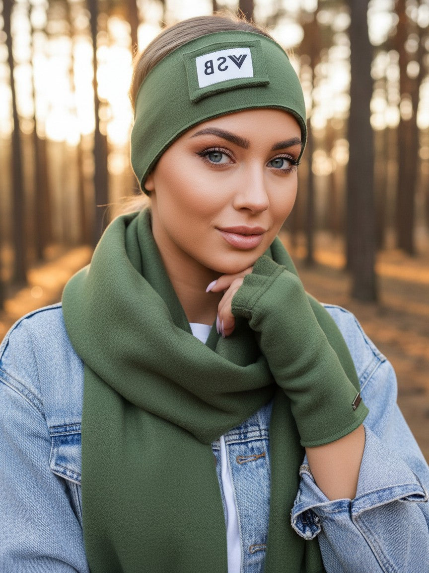 Teplákový VSB set šál + čelenka + rukavice olivová
