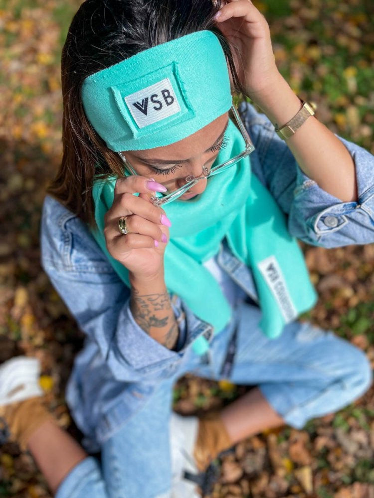 Luxusný teplákový VSB set šál + čelenka mentolová
