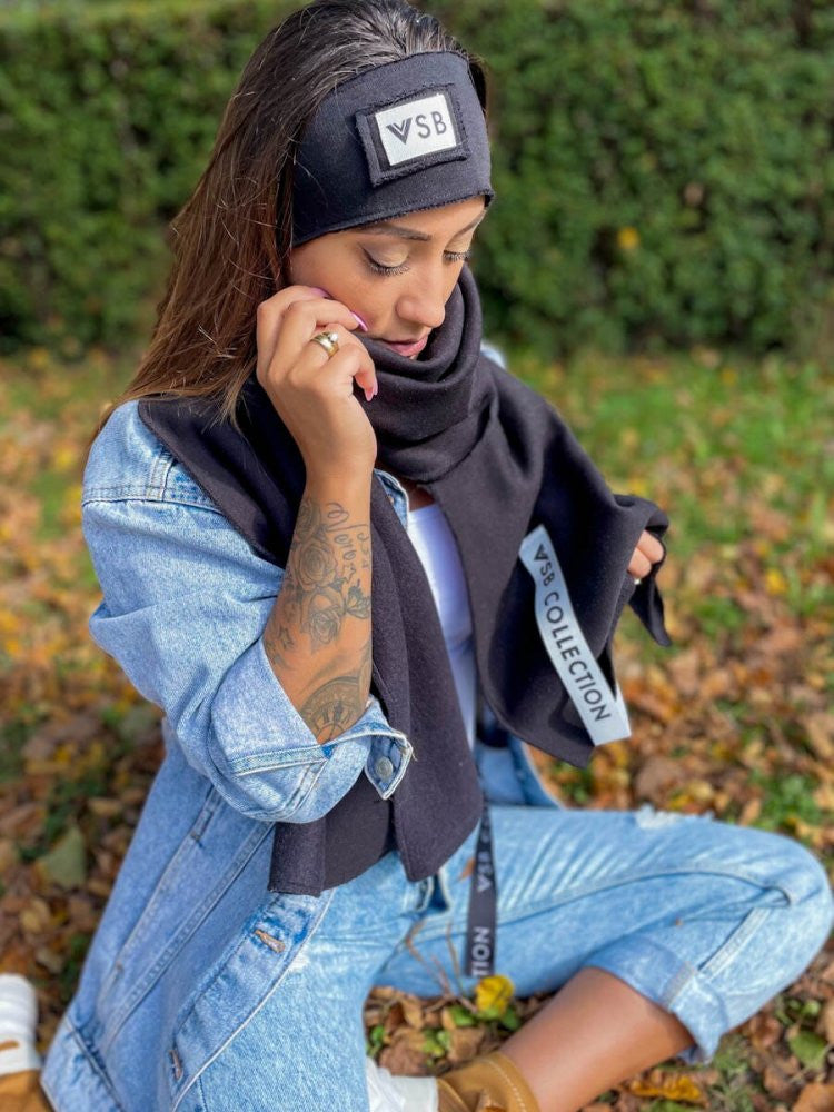 Luxusný teplákový VSB set šál + čelenka čierna