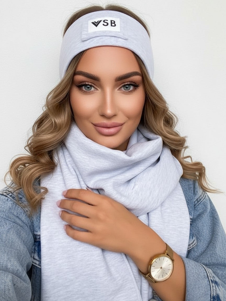 Luxusný teplákový VSB set šál + čelenka sivá