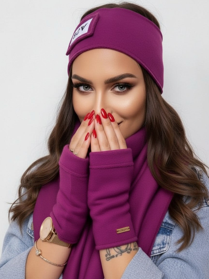 Luxusný teplákový VSB set šál + čelenka slivková