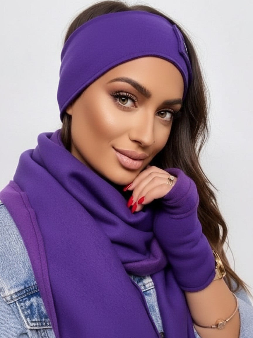 Luxusný teplákový VSB set šál + čelenka fialová