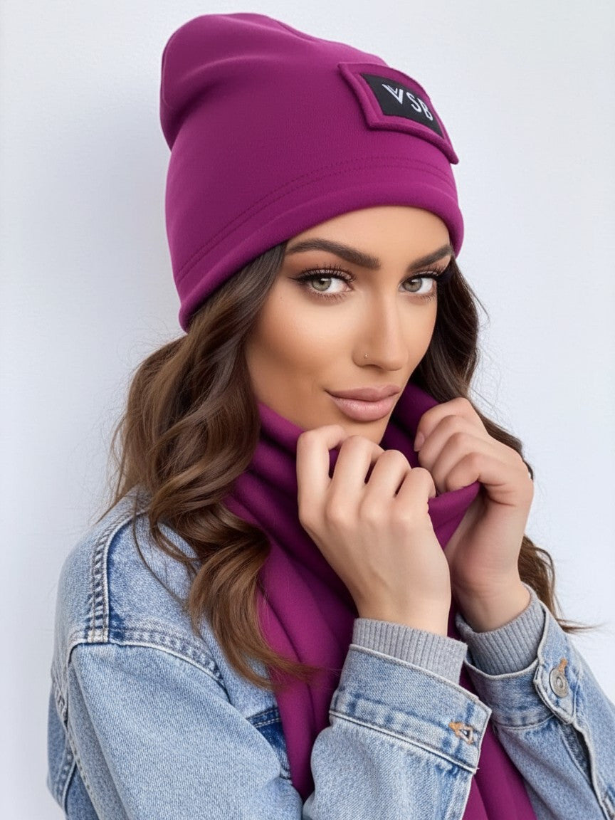 Luxusný teplákový VSB set šál + čiapka slivková