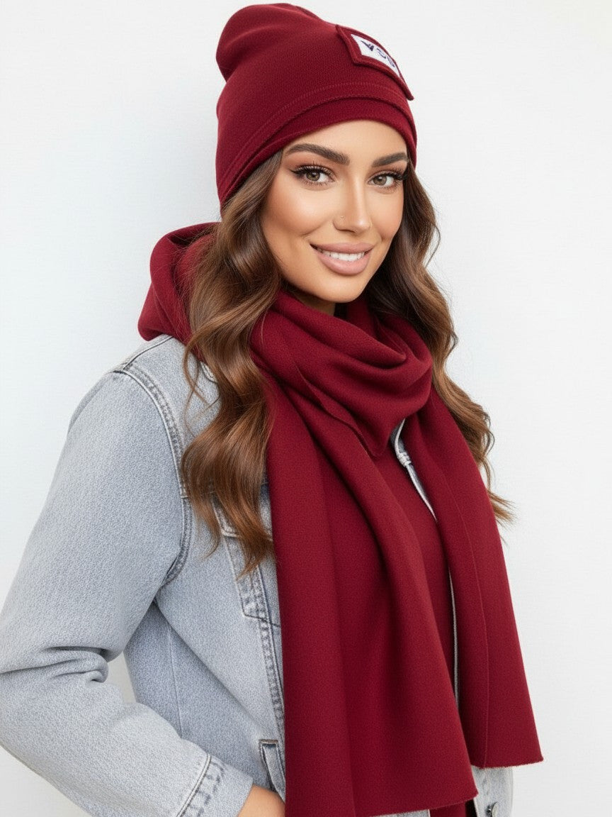 Luxusný teplákový VSB set šál + čiapka bordo