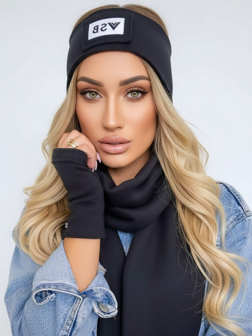 Luxusný teplákový VSB set šál + čelenka čierna