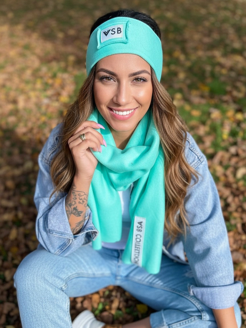 Luxusný teplákový VSB set šál + čelenka mentolová