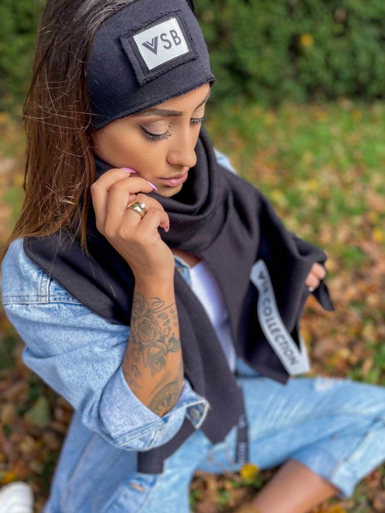 Luxusný teplákový VSB set šál + čelenka čierna