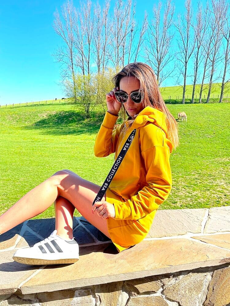 Dlhá dámska mikina s kapucňou VSB SOPHIA horčicová na zips