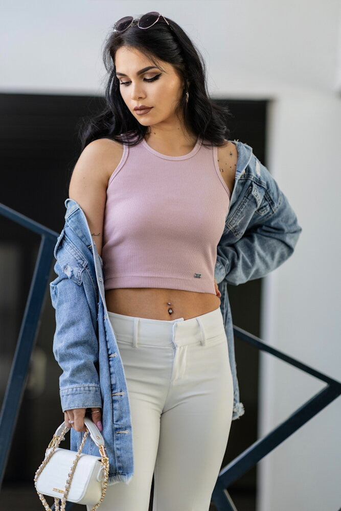 Dámsky VSB vrúbkovaný croptop LOLLY powder pink