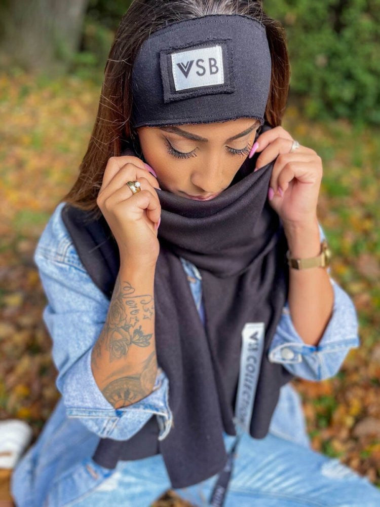 Luxusný teplákový VSB set šál + čelenka čierna